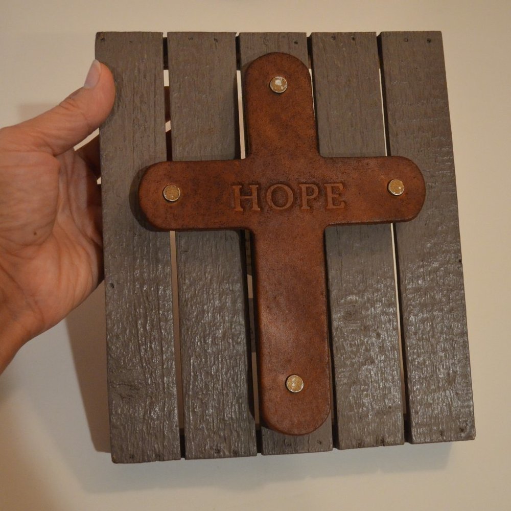 DEMDACO LifttheSpirit Home Decoration Leather Cross 'Hope' Sign Wood 6 3/4x7 3/4